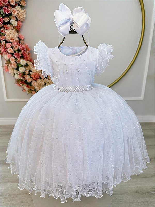 Vestido Infantil Branco Cinto de Pérolas e Busto Damas