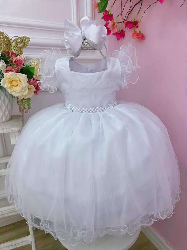 Vestido Infantil Branco Strass no Busto e Cinto de Pérolas