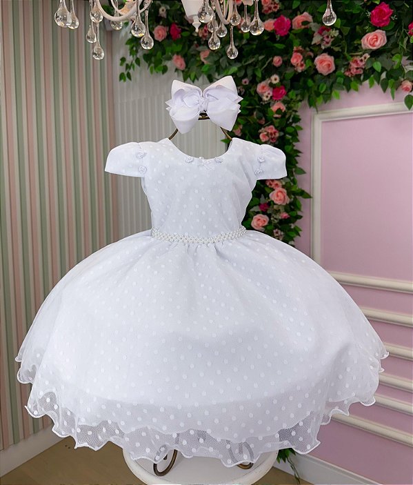 Vestido Infantil Branco Batizado Poa