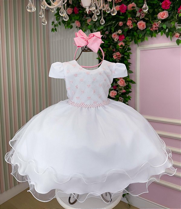 Vestido Infantil Branco com Apliques Rosa