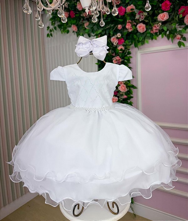 Vestido Infantil Branco com Apliques Strass