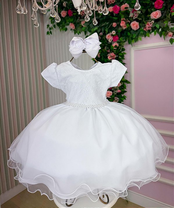 Vestido Infantil Branco com Cinto de Pérolas