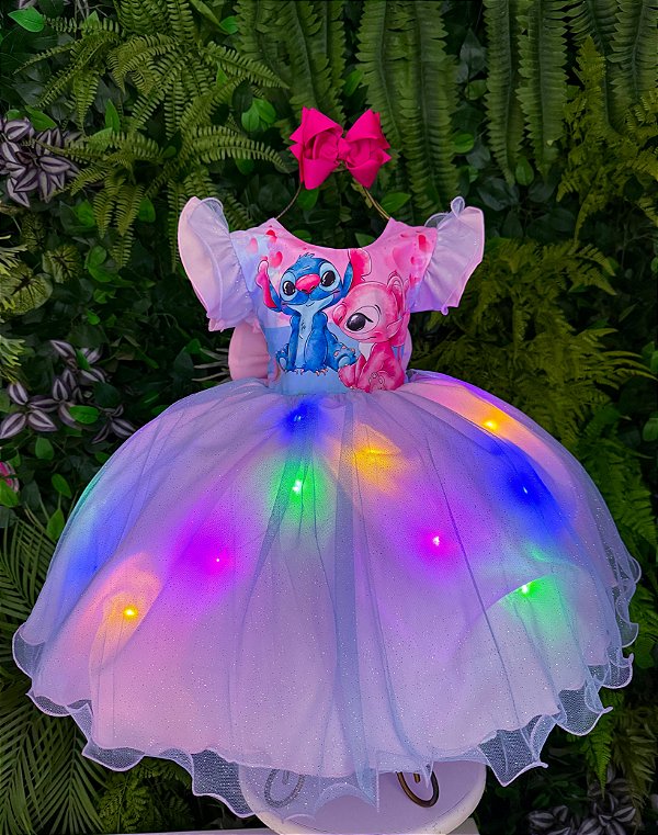 Vestido Lilo Stitch Rosa Bebe com Led Tematicos