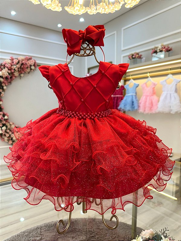 Vestido Infantil Vermelho Saia Com Babados Luxo