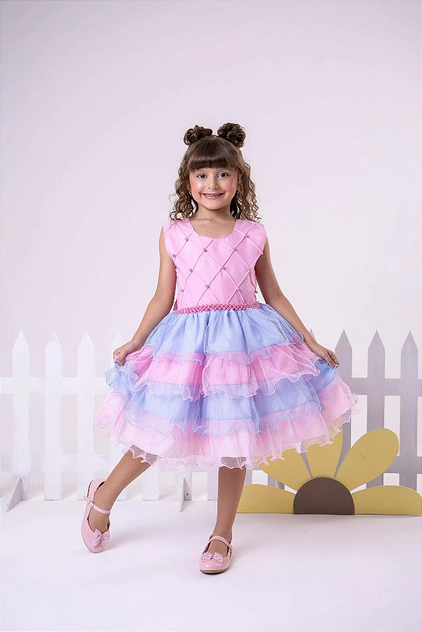 Vestido Infantil Rosa Glitter Babados Festa Luxo