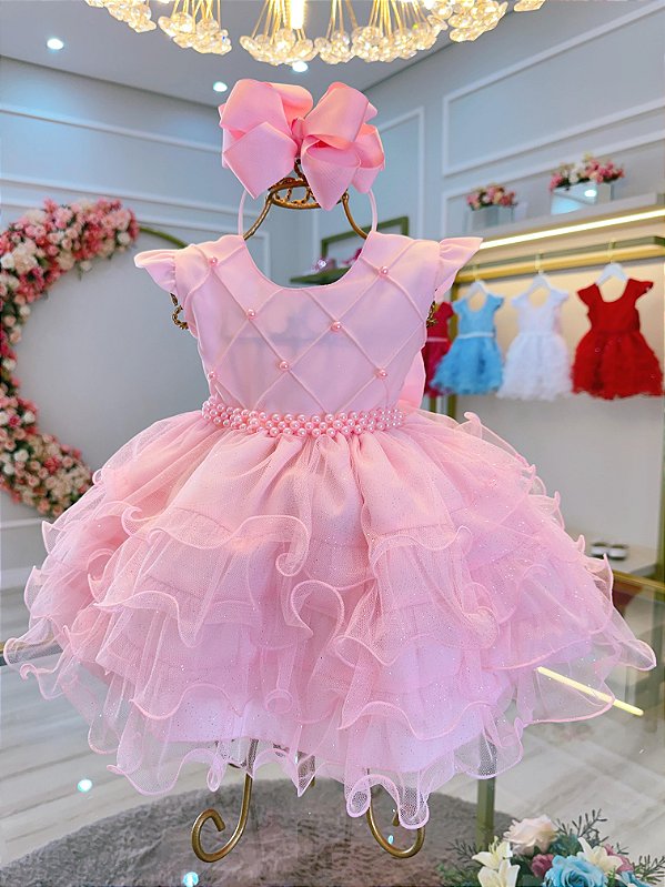 Vestido Infantil Rosa Claro  Batizado Saia Com Babados Luxo