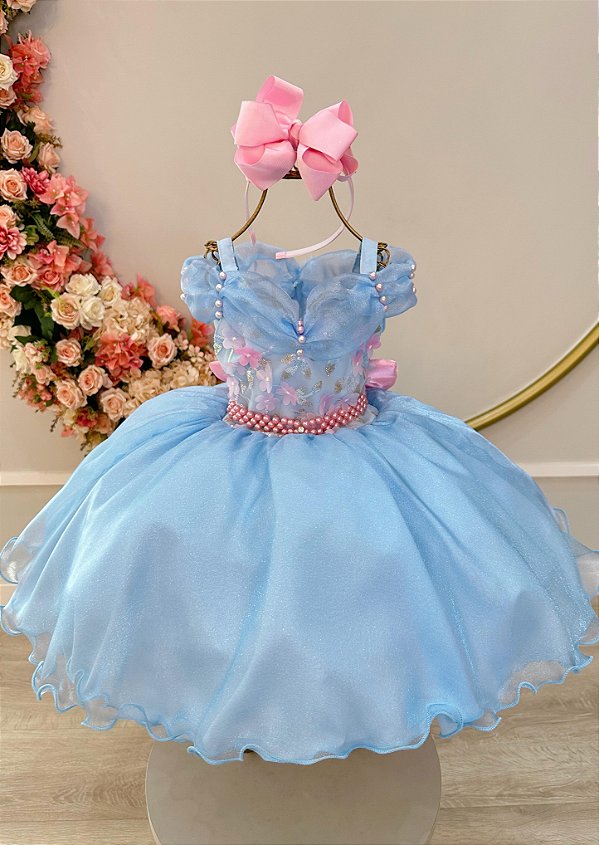 Vestido Infantil Princesas Jardim Encantado Azul Super Luxo