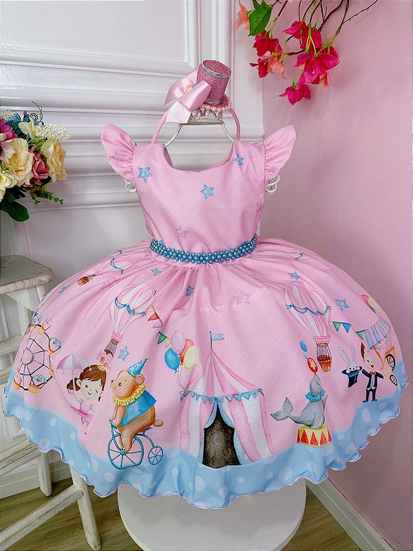 Vestido Infantil Rosa Circo Com Estrelas Festas