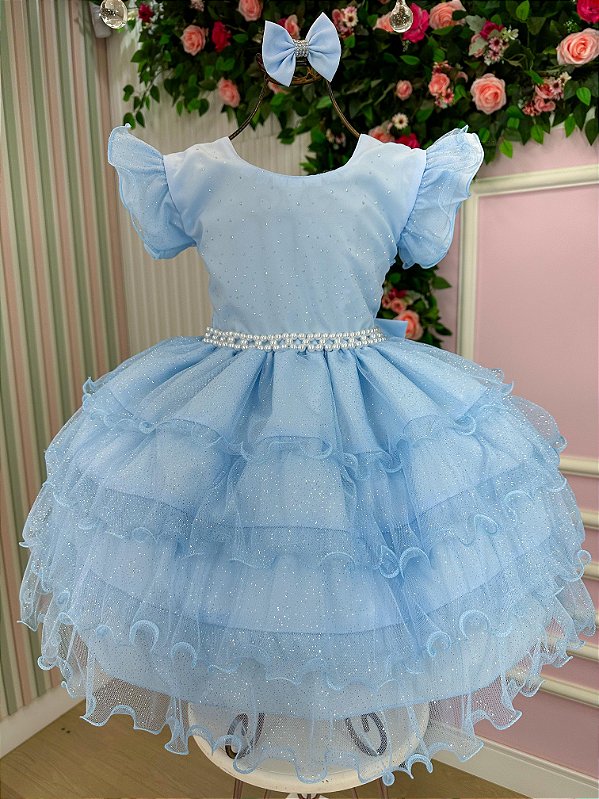Vestido Infantil Azul Bebe Glitter Festa Luxo