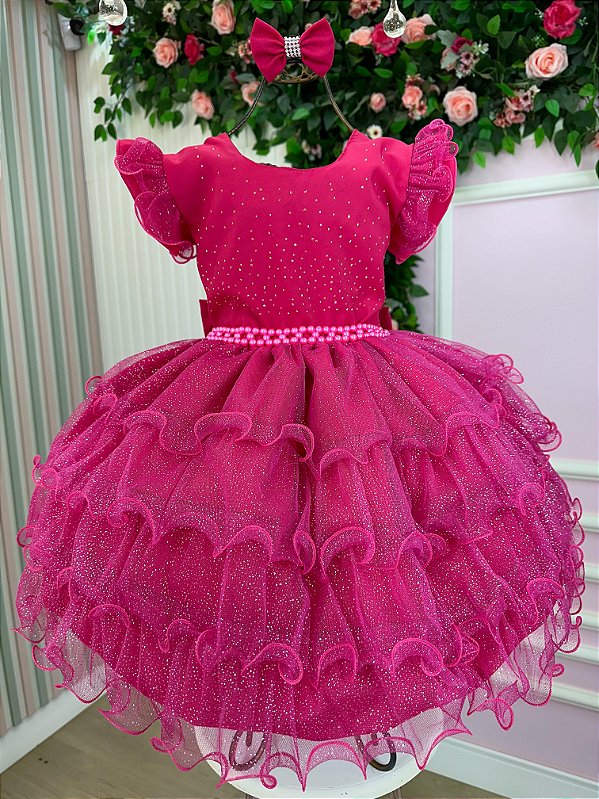 Vestido Infantil Pink Glitter Festa Luxo