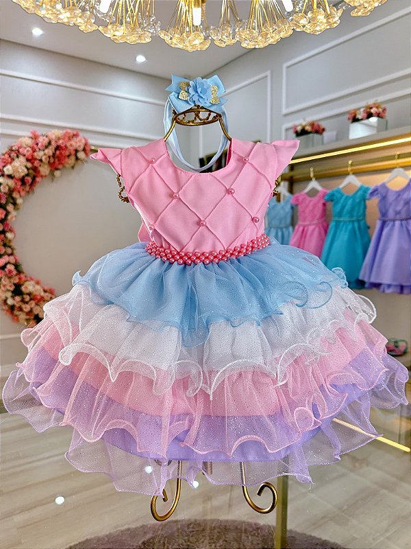 Vestido Bebê Rosa Busto Com Nervura Saia Babados Coloridos