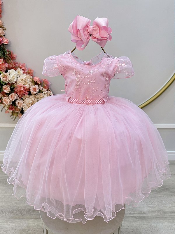 Vestido Infantil Rosa Busto Com Renda
