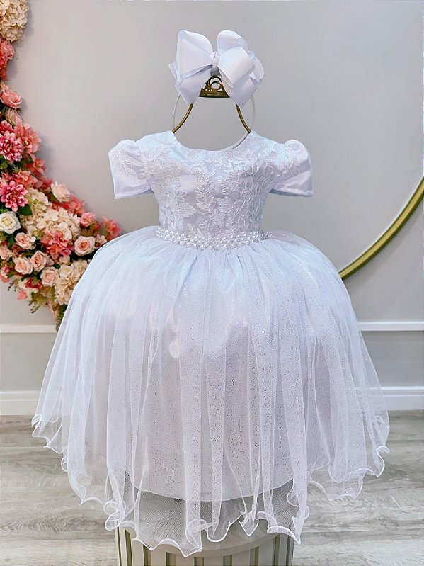 Vestido Infantil Branco Tule Renda Metalizada Casamento