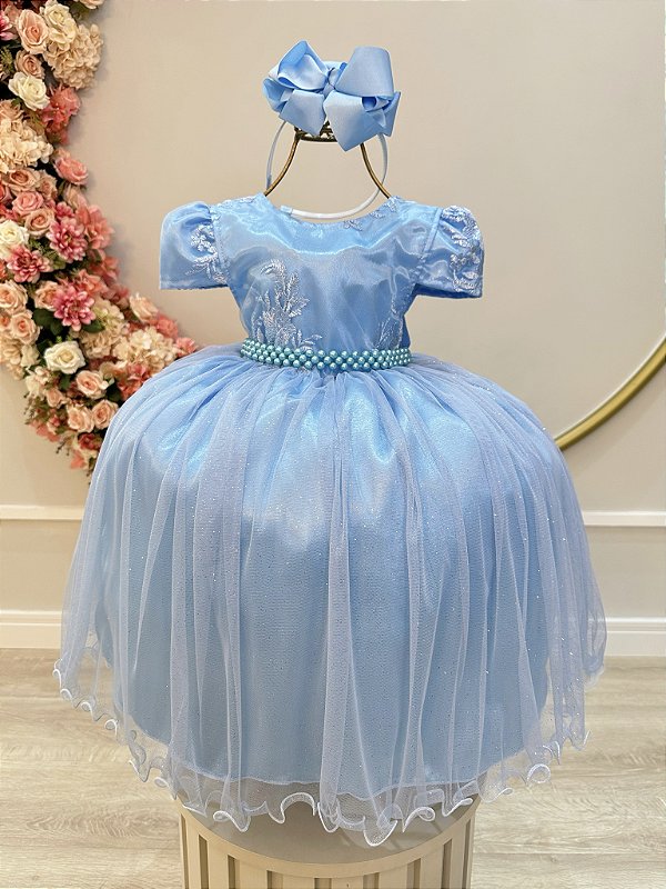 Vestido Infantil Azul Bebê Tule Renda Casamento Luxo