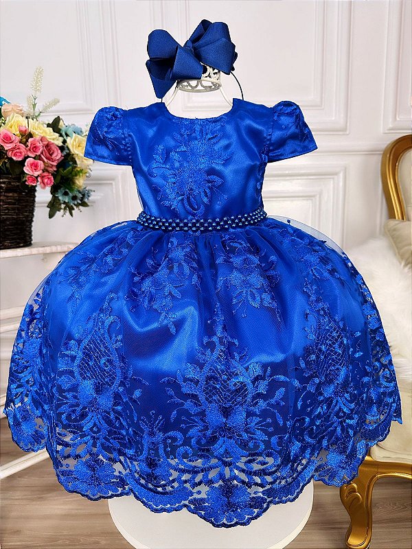 Vestido Infantil Azul Royal Renda Realeza e Pérolas