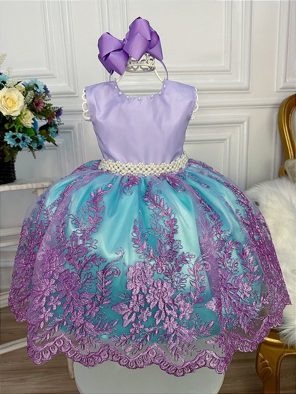 Vestido Infantil Ariel Princesa Renda e Cinto de Pérolas