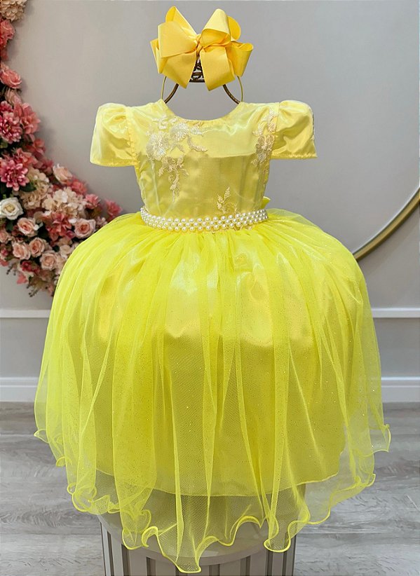Vestido Infantil Amarelo Tule Renda Casamento Luxo