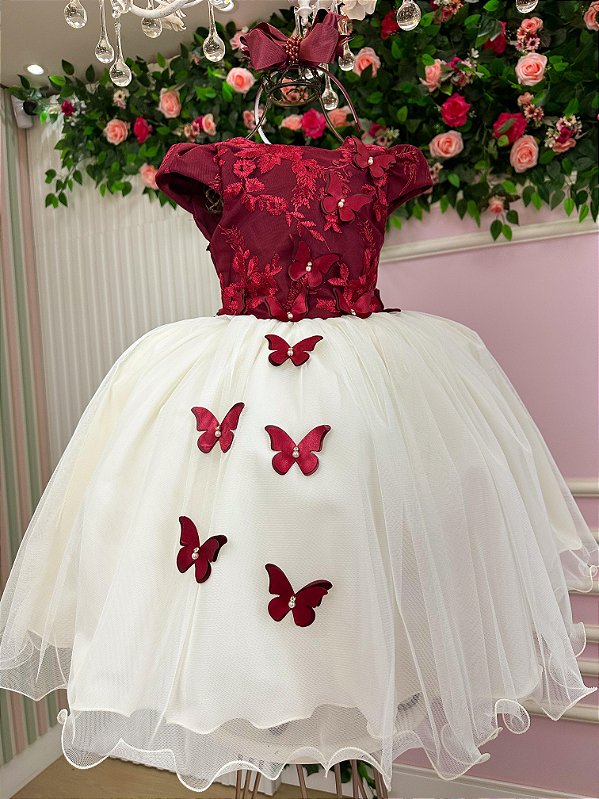 Vestido Infantil Daminha Midi Florista Jardim Encantado Marsala e Off