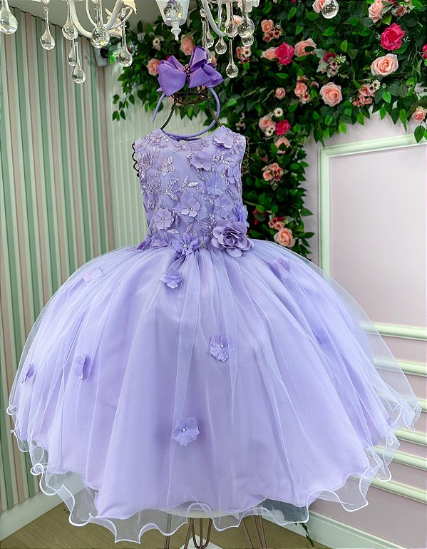 Vestido Infantil Daminha Regata Flores Lilas e Off
