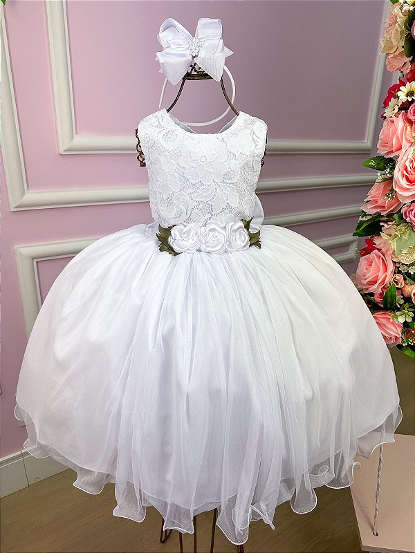 Vestido Infantil Daminha Midi Flores Branco