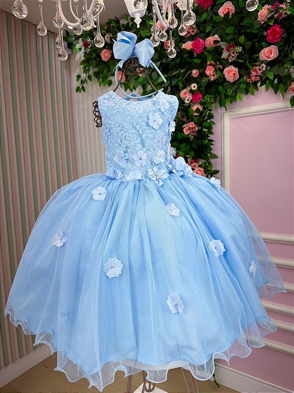 Vestido Infantil Daminha Regata Flores Azul