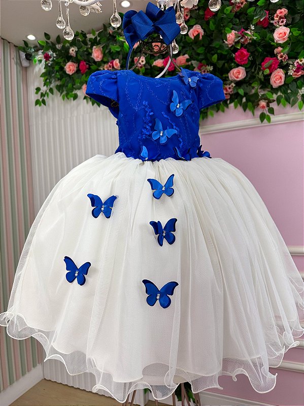 Vestido Infantil Daminha Midi Florista Jardim Encantado Azul Royal e Off