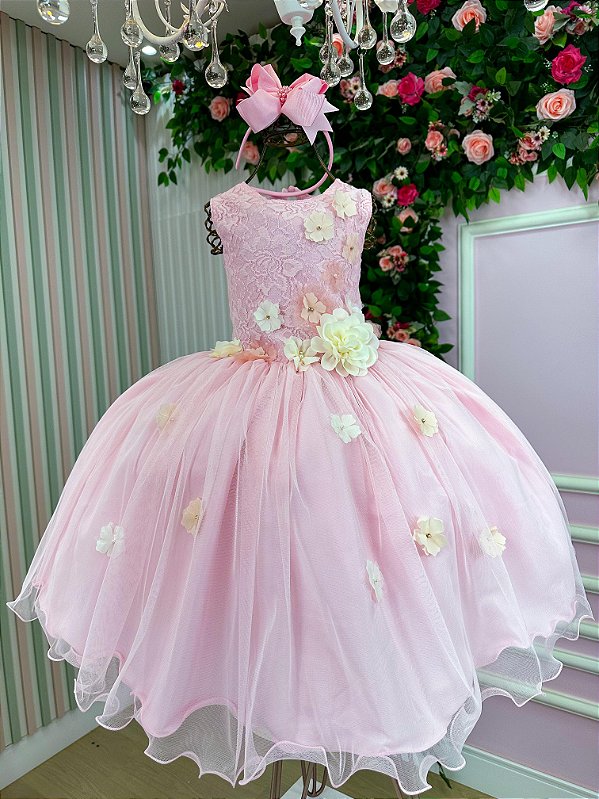 Vestido Infantil Daminha Regata Flores Rosa Bebe