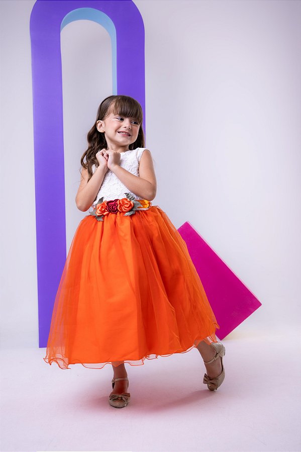 Vestido Infantil Daminha Midi Florista Jardim Encantado Terracota e Off
