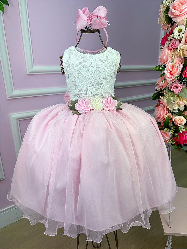 Vestido Infantil Daminha Midi Florista Jardim Encantado Rosa Bebe e Off