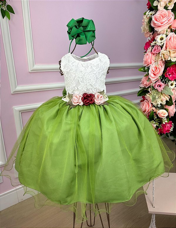 Vestido Infantil Daminha Midi Florista Jardim Encantado Verde e Off