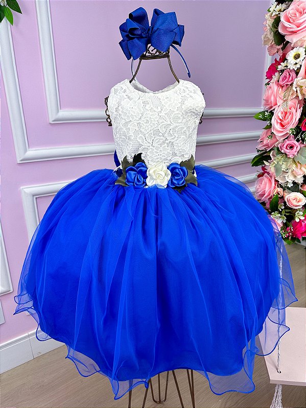 Vestido Infantil Daminha Midi Florista Jardim Encantado Azul Royal e Off