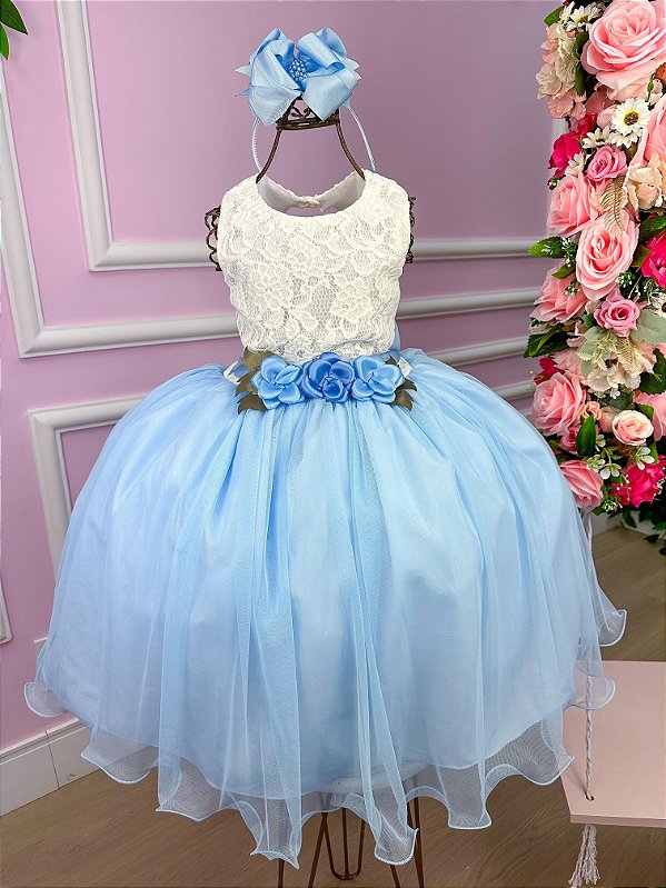 Vestido Infantil Daminha Midi Florista Jardim Encantado Azul Bebe e Off