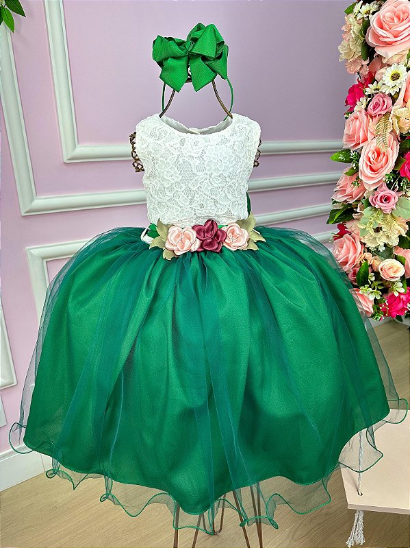 Vestido Infantil Daminha Midi Florista Jardim Encantado Verde e Off