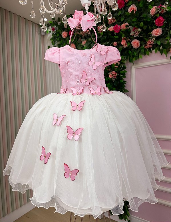 Vestido Infantil Daminha Midi Florista Jardim Encantado Rosa Bebe e Off