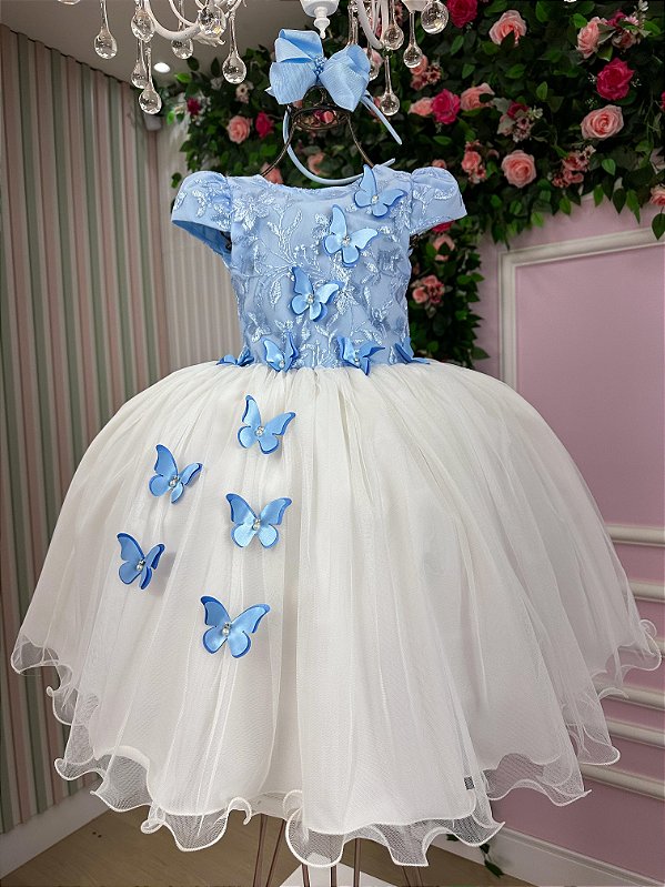 Vestido Infantil Daminha Midi Florista Jardim Encantado Azul Bebe e Off