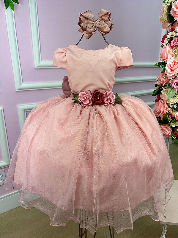 Vestido Infantil Daminha Midi Flores Rose