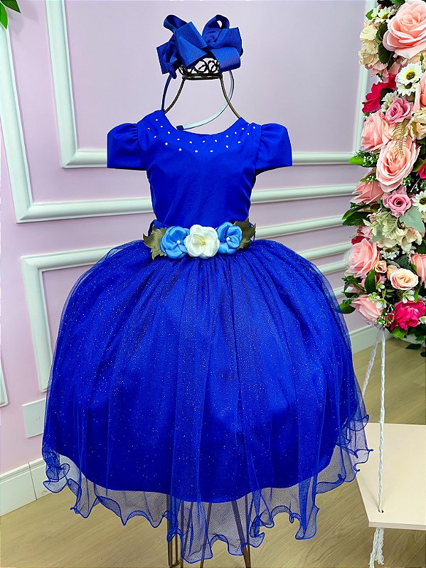 Vestido Infantil Daminha Midi Flores Azul Royal