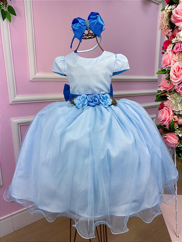 Vestido Infantil Daminha Midi Flores Azul Bebe