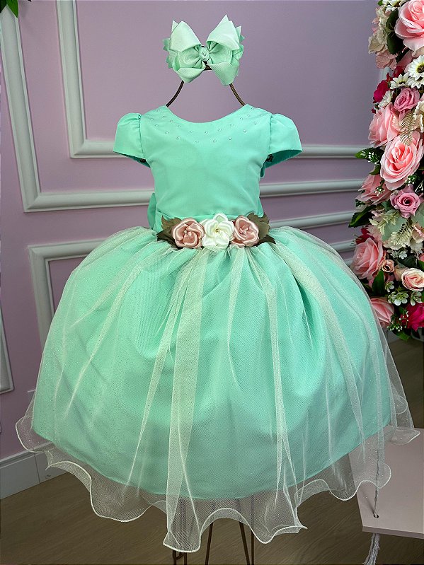Vestido Infantil Daminha Midi Flores Verde Menta