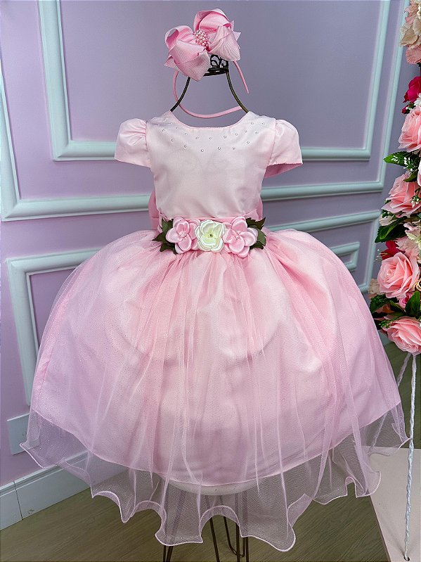 Vestido Infantil Daminha Midi Flores Rosa Bebe