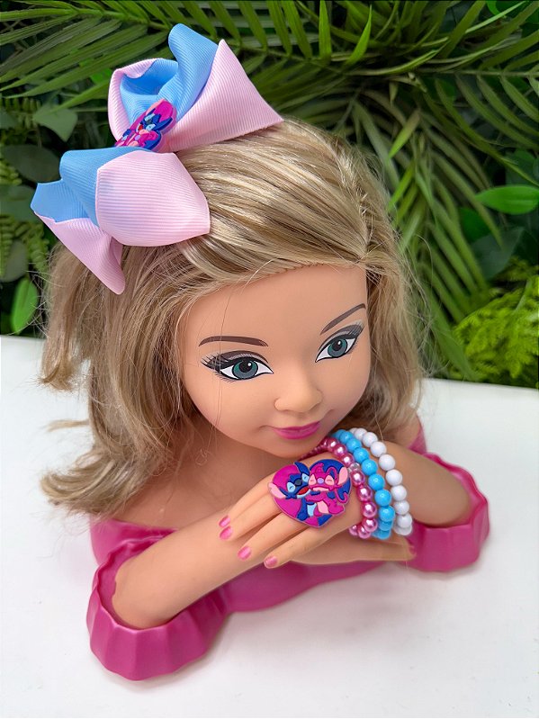 Laço Tematico Stitch e angel + Pulseira Rosa e Azul