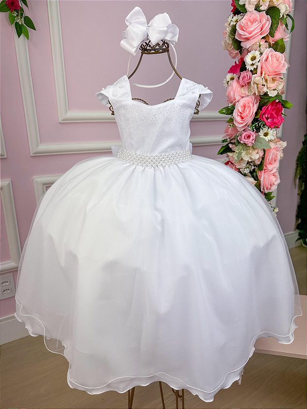 Vestido Infantil Branco Cinto Perolas Longo Tule