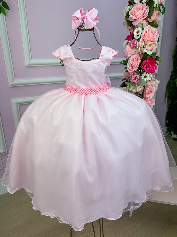 Vestido Infantil Rosa Bebe Cinto Perolas Longo Tule
