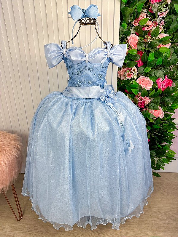 Vestido Azul Bebe Formatura Dama Manga Princesa Tule Glitter