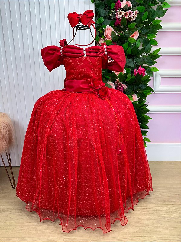 Vestido Vermelho Formatura Dama Manga Princesa Tule Glitter