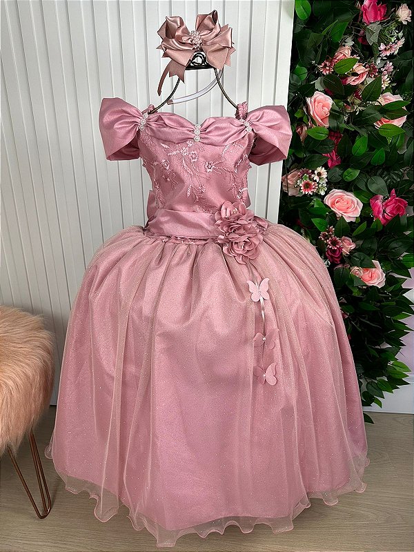 Vestido Rose Formatura Dama Manga Princesa Tule Glitter