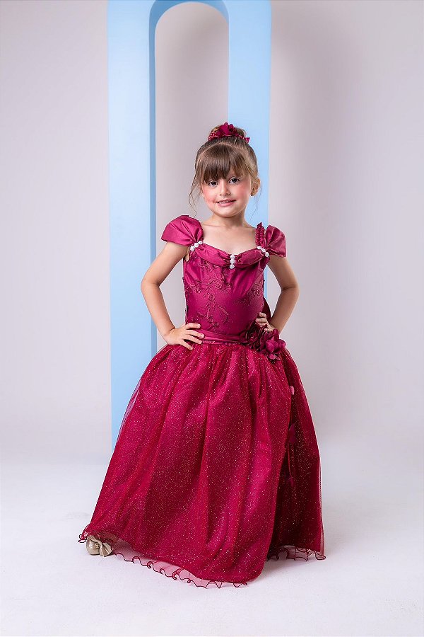 Vestido Marsala Formatura Dama Manga Princesa Tule Glitter