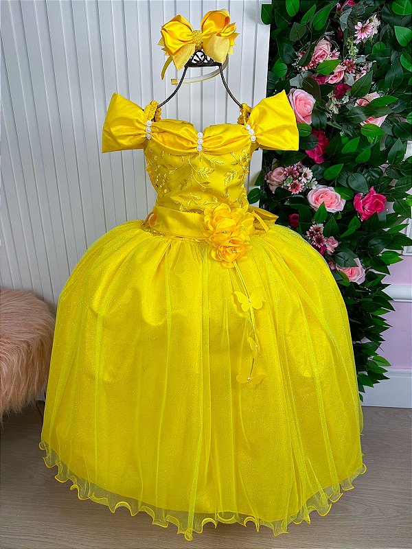 Vestido Amarelo Formatura Dama Manga Princesa Tule Glitter