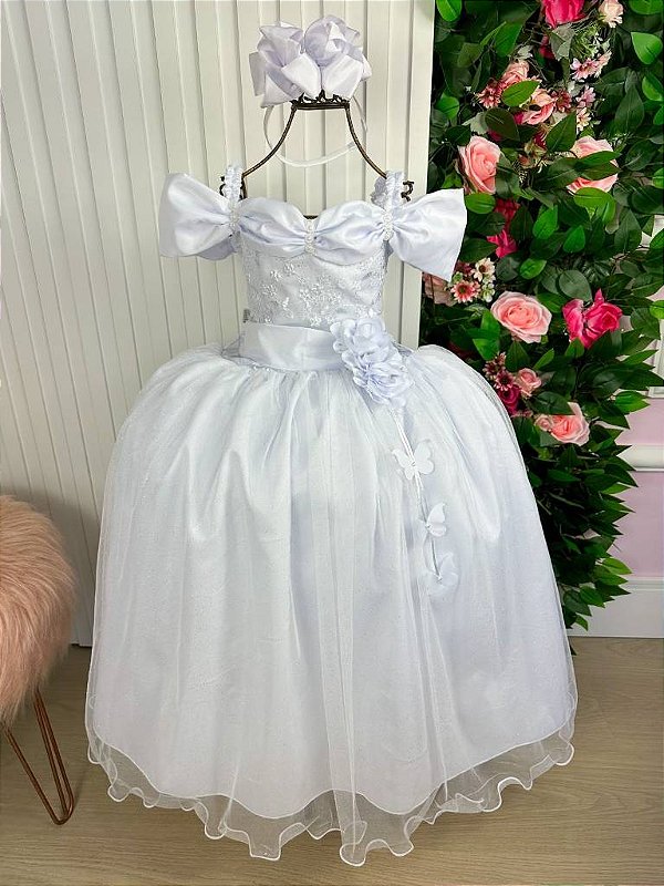 Vestido Branco Formatura Dama Manga Princesa Tule Glitter