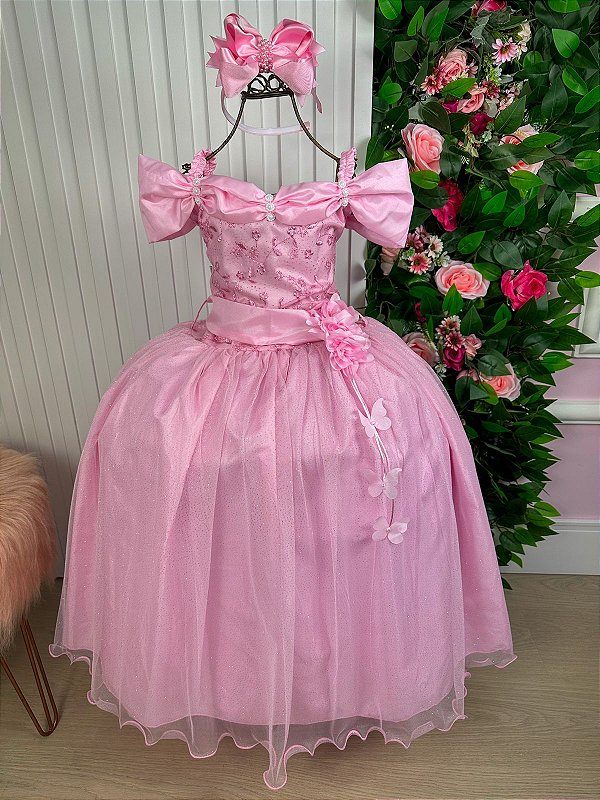 Vestido Rosa Claro Formatura Dama Manga Princesa Tule Glitter